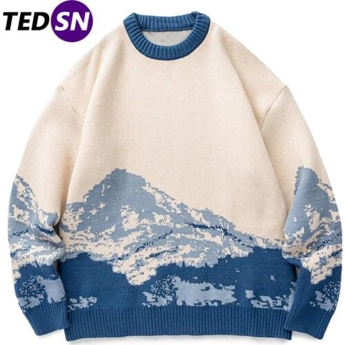2021 Harajuku Snow Mountain Knitted Sweater Gradient Embroidered Sweater Pullovers Hip Hop Streetwear Retro Knit Pullover Winter