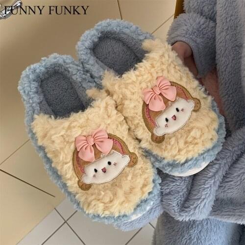 Funny Funky 2021 Womens' Slippers Fluffy Faux Fur Cartoon Girls Slippers Antiskid Soft Plush Flats Woman Shoes