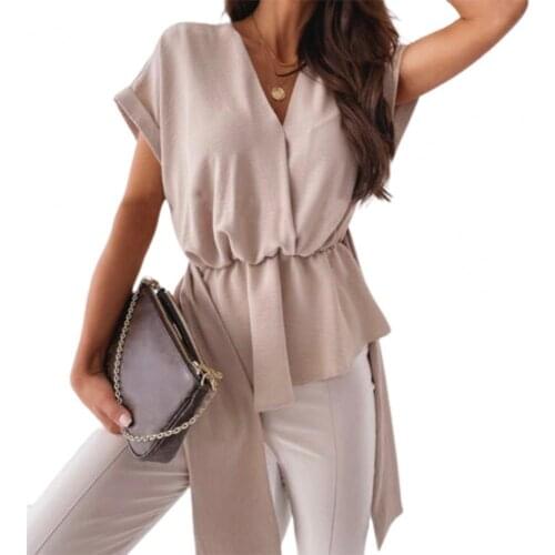 Summer Women T-shirt Solid Color Batwing Sleeve V Neck Belt Bandage Loose T Shirts Tee Tops for Femme