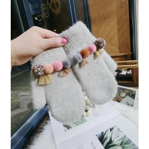 Women Korean female color ball rabbit hair warm fingering autumn and winter gloves
