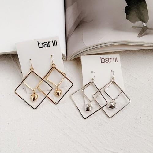 New Fashion Punk Big Gold Silver Color Metal Double Layers Square Drop Earrings for Women Heart Dangle Earrings Jewelry Gift