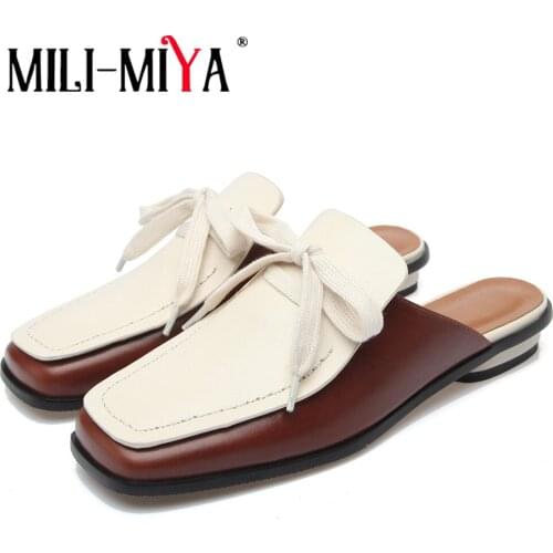 MILI-MIYA New Summer Women Slipper Flat Heel Square Toe Slip On Lazy Mules Brand Design Genuine Leather Home Casual Runway Shoes