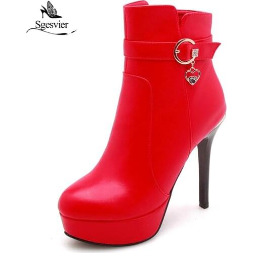 Sgesvier Winter Boots Women Ankle Boots Platform Extreme High Heels Zipper Boots Buckle Short Boots Warm Shoes Red Black OX856