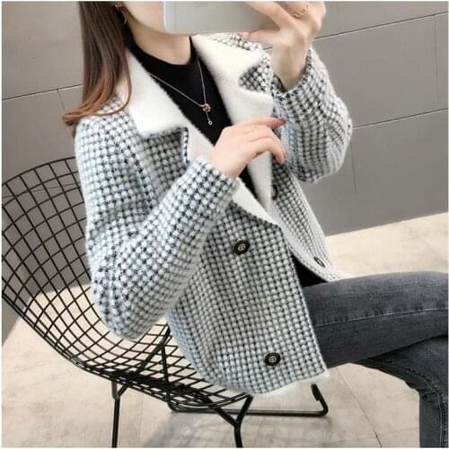 Plus Size Imitation Mink Velvet Short Cardigan Women Fashion Double Breasted Sweater Coat Long Sleeve Autumn Outerwear X550