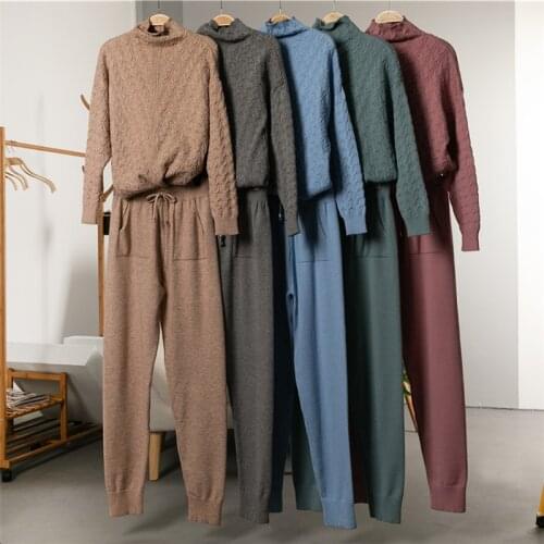 INITIALDREAM Womens Sweater Suit Autumn and Winter Knitted Tracksuit Turtleneck Jumper Pullovers+Pants Two Piece Set Outfits