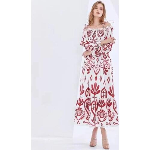 IVY HE Designer Summer Sexy Sling Loose Slash Neck Ruffles Maxi Dress Patchwork Lace Ruched Long Puff Sleeve Red Printed Robe