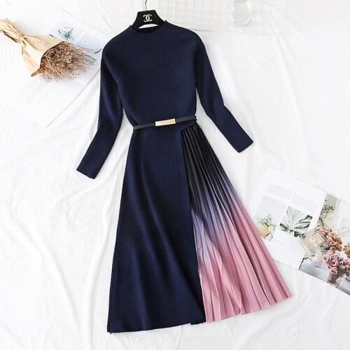 Amolapha Women Long Sleeve Gradient Colours Knit Pacthwork Dresses Vintage Belt Sweater Dress