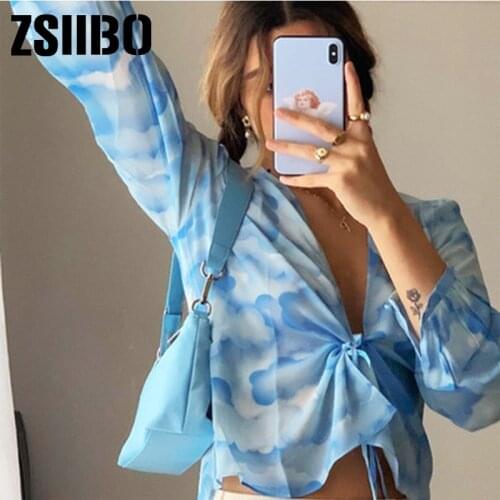 2021 Blue Print Y2K Long Sleeve Crop Top Women V Neck Bandage Spring Summer Casual Vintage Ruffles Sexy Top T Shirts 90S clothes