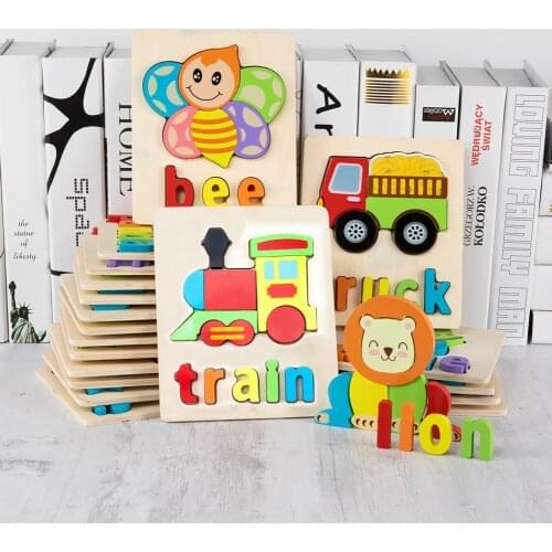 3D Jigsaw Puzzle Smooth Surface Hand-eye Coordination Wood Color Words Animal Shape Assembly Puzzle for Kids Baby