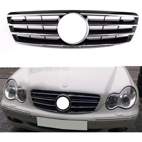 4 Fence Front Hood Sport Chrome & Black Grill Grille for Mercedes C Class W203 2000-2006