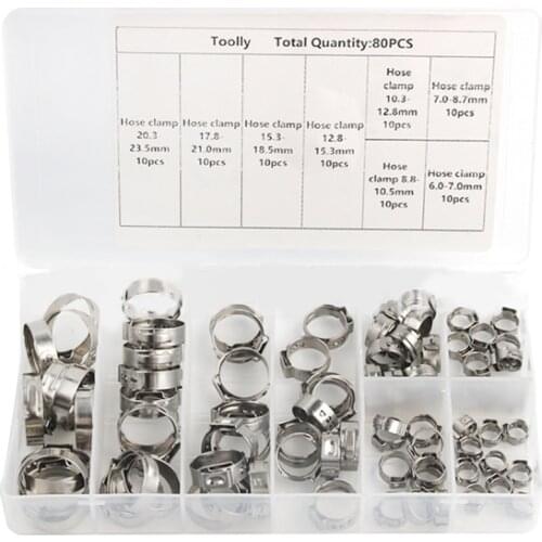 45/80PCS 304 Stainless Steel Single Ear Stepless Hose Clamps 5.8-23.5mm Hose Clamps Cinch Clamp Rings