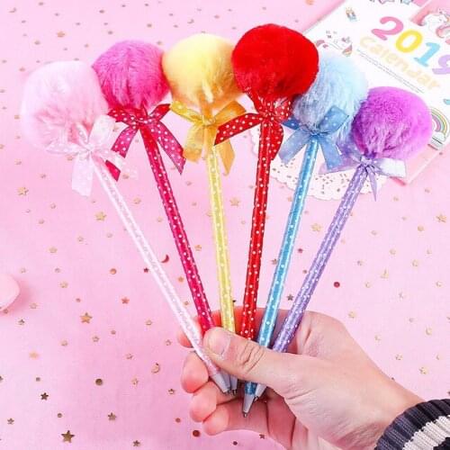48pcs/lot plush ball bowknot craft ballpoint pen Valentines Day wedding promotion gift girls creative stationery