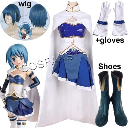 Anime Puella Magi Madoka Magica Miki Sayaka Cosplay Uniform Suit Full Set Womens Halloween Costumes Dress Halloween wig shoes