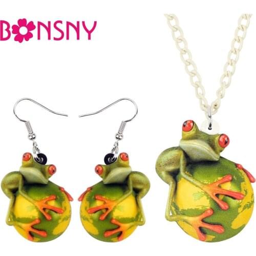 Bonsny Acrylic Jewelry Set Cartoon Green Earth Frog Necklace Earrings Collar Pendant For Women Girls Charms Lots Gift NE+EA