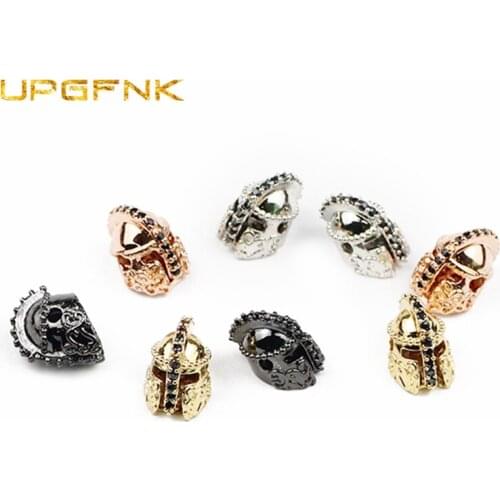 UPGFNK 10mm 2pcs Spartan helmet Copper beads Black Zircon Charm metal Spacer Loose beads Jewelry making bracelet DIY Accessories