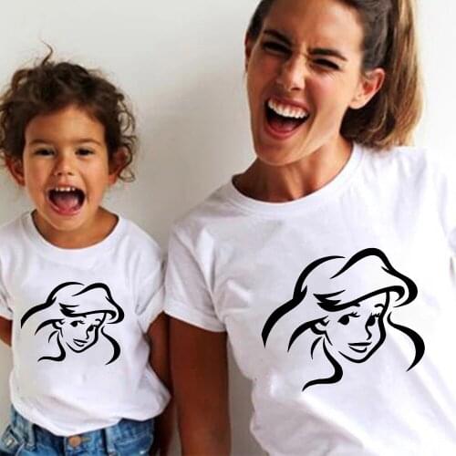 Children T-shirts Ariel The Little Mermaid Harajuku Top T shirts Mommy and Me White Tops Summer Family Matching Clothes