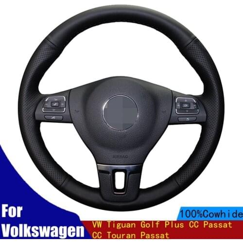 DIY Car Steering Wheel Cover Soft Black Genuine Leather For Volkswagen VW Tiguan Golf Plus CC Passat CC Touran Passat