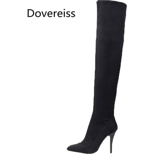 Dovereiss Fashion Womens Shoes Winter new Pointed Toe Stilettos Heels Suede Sexy Elegant red Over the knee boots Concise 32-45