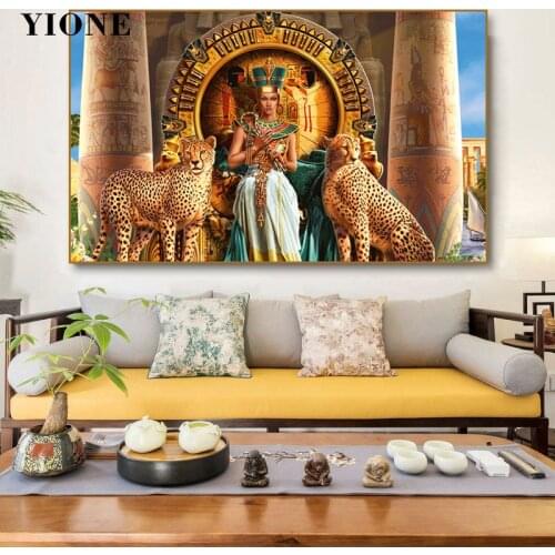 Ancient Egypt Queen with Cheetah Leopard Oil Painting on Canvas Ethnic Art Totem Building Poster Wall Picture Prints for Room