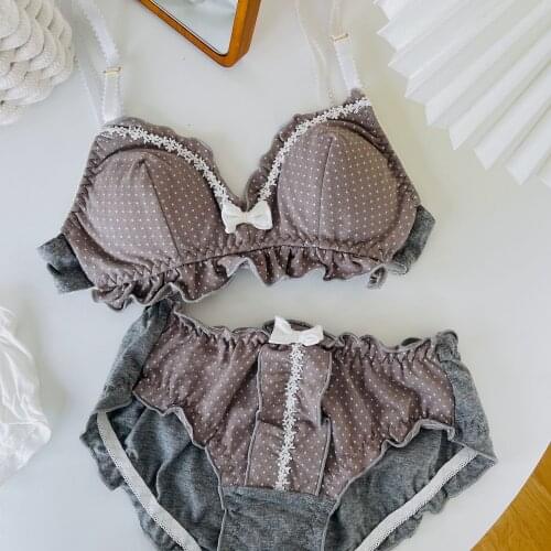 Bra Set Girl Cotton Breathable Comfortable Lingerie Underpants No Steel Ring Underwear Retro Wooden Ears Bowknot Bralette