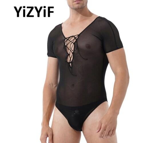 Men Sheer Mesh jumpsuit Sexy See Through Bodysuit Underwear Black Crisscross Lace-up Short Sleeve Leotard Nightwear
