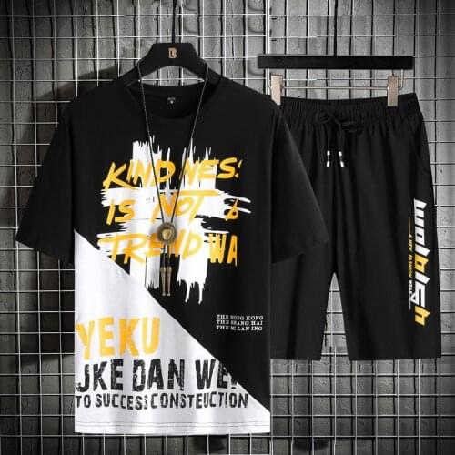 2021 Summer New Mens Cotton Round Neck Loose Short-sleeved T-shirt Trend Two-piece Youth Fashion Casual Cropped Trousers Suit