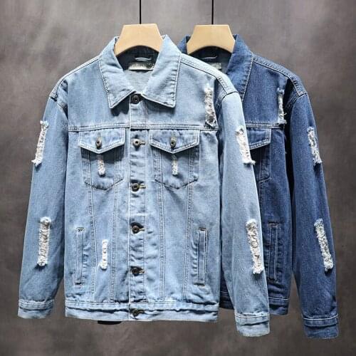 2021 Autumn New MenS Tooling Denim Jacket Korean Style Trendy Fashion All-Match Hole Coat Male Classic Brand Loose Jean Top