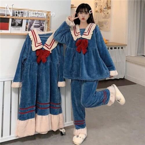 2020 Autumn Winter New Sweet Bowknot Women Sleepwear Pajama Sets Kawaii Female Nightdress
