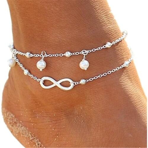 New Summer Vintage Foot Jewelry 8 Chain Simulated-pearl Anklets Women Gold Color Fashion Ankle Bracelet For Leg Beach Jewelry