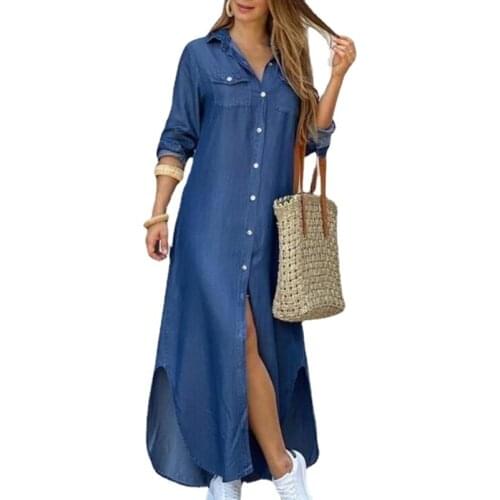 Autumn Long Dress Long Sleeve Shirt Dress Women Denim Long Dresses Pocket Button Shirt Print Dress Casual Loose Dresses