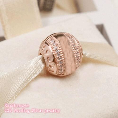 Autumn 925 Sterling Silver Brand Logo Hearts Clip, Rose gold & Clear CZ Beads Fit Original Brand Charms Bracelet Jewelry