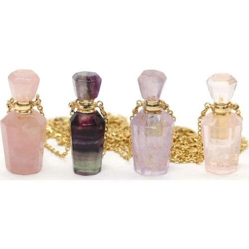 Natural Perfume Bottle Crystal Stone Pendant Necklace Amethysts Rose Quartzs Essential Oil Diffuser Charms Copper Chain Jewelry