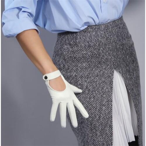TECH GLOVES Real Leather Short White Lambskin Sheepskin Belt with Button Closure Women Gloves Touch Screen WZP03