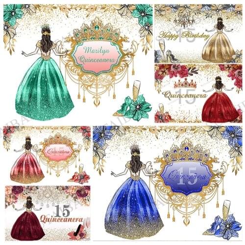 Quinceanera Princess Backdrop Gold Glitter Sweet 15th Girl Birthday Party Decorations Crown Photography Backgrounds Photo Studio