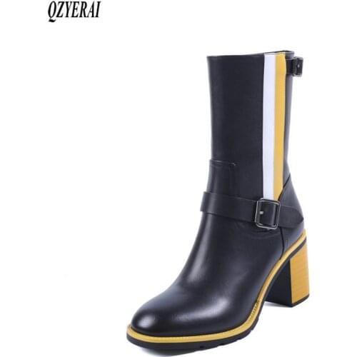 QZYERAI New style Fashion boots Genuine leather Female boots 8 cm high heels Womens boots cowhide Womens shoes