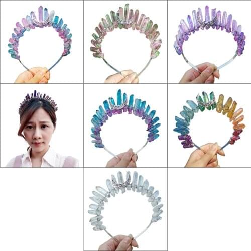 Romantic Colorful Jewelry Tiara Crown Rainbow Raw Quartz Crystal Headband Ethnic Antique Crescent Moon Metal Hair Hoop