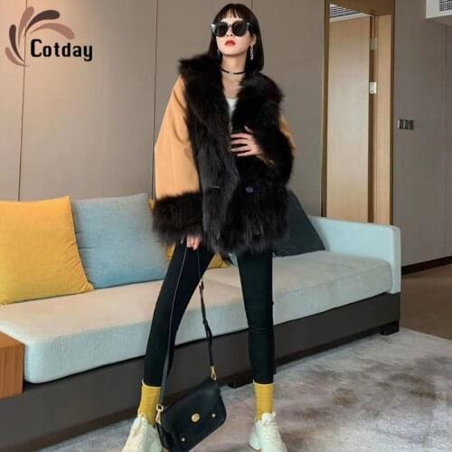 Cotday V Neck The Little Short Winter Warm Camel Both Sides To Wear 2021 Fashion Women England Style Young High Street Fur Coat