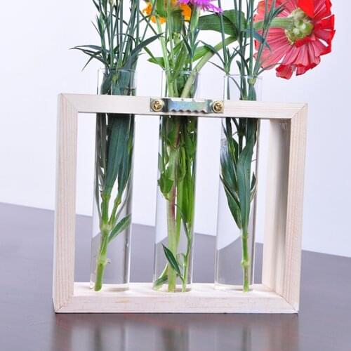 Modern Style Wall Hanging Crystal Glass Test Tube Vase In Wooden Stand for Flowers Plants - Home Garden Cafe Bar Decoration