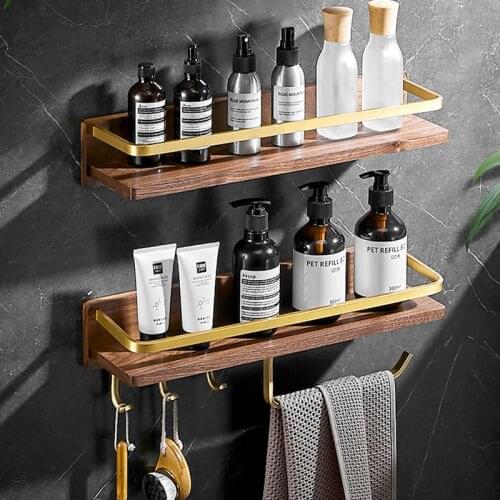 Bathroom Shelf No Drill Organizer Wooden Towel Rack Wall Mounted Shampoo Shower Storage Rack Holder Bathroom Accessories