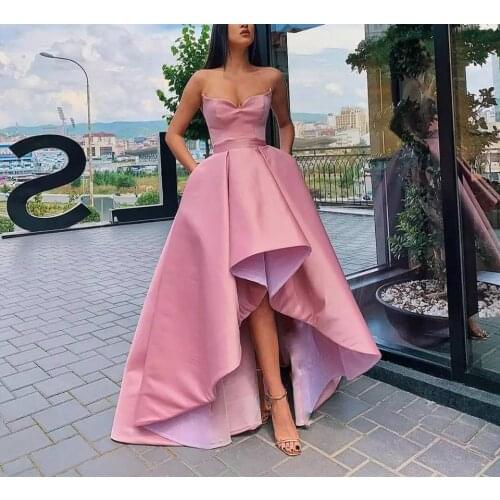 High-low strapless prom party evening dresses vestido de noiva sereia gown robe de soiree prom party simple satin lace-up
