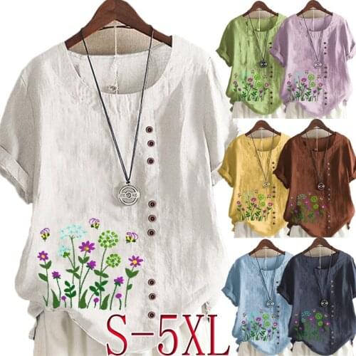 Womens New Fashion Summer Floral Prined Round Neck Short Sleeve T-shirt Casual Loose Solid Color Blouse Tops Plus Size