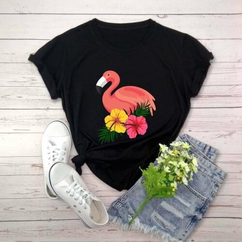 New T-shirt Female Animals Flamingo Tshirt Vestidos Spring Summer White Top Beautiful Graphic Printing O-Collar T-shirts