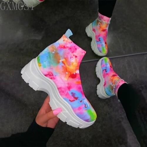 Womens Graffiti Vulcanized Woman Rainbow Sock Sneakers Sequins Woman Casual Platform Ankle Wedges Ladies Height Increase Shoes