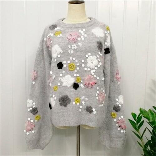 2020 Round Collar Flowers Embroidery Top Loose Korean Spring Autumn Long Sleeve Womans New Fashion Sweater