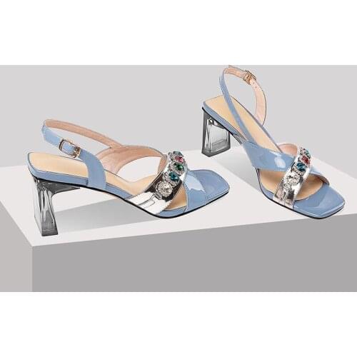 2021 Summer British Style Fashion Casual Ladies High Heels Soft Comfortable Genuine Sandals Leather Rhinestone Womens Shoes New