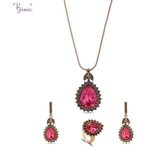 Vintage Turkish Cheap Jewelry Sets For Women Big White Crystal Drop Necklace Ring And Earrings Fashion 3PCS Sets