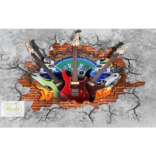 Bacal Custom 3D Murals Wallpaper Guitar Rock Graffiti Art Broken Brick Wall KTV Bar Tooling Home Decor Wall Paint Mural Fresco