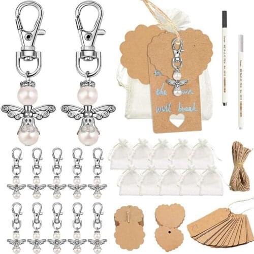 48pcs/set Angel Wing Key Holder Creative Keychains Set Wedding Party Mesh Storage Pouch Key Rings Pendant Gift Ornaments