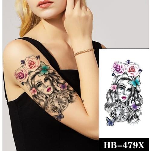 Watercolor Rose Tattoo Sticker Fake Colorful Butterfly Clock Waterproof Temporary Tattoos for Women English Letters Totem Tatoos