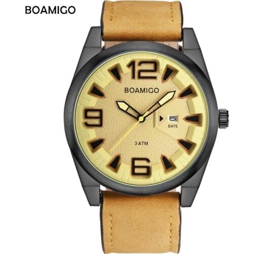 BOAMIGO Brand Watches For Men Fashion Casual Quartz Watches Auto Date Leather Wristwatches 30M Water Resistant relogio masculino